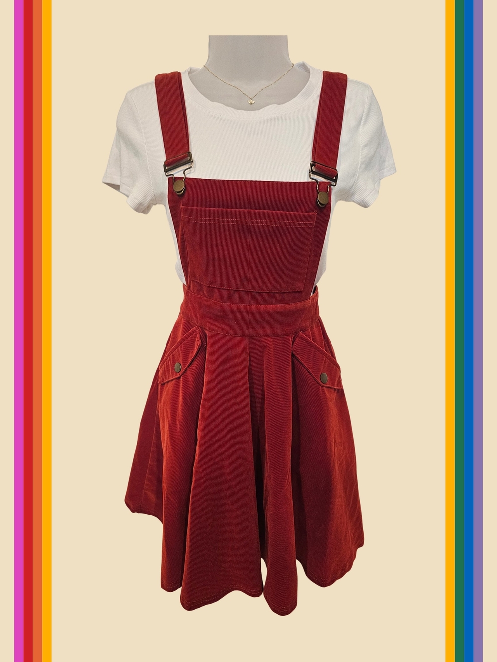 Unique Vintage Red Corduroy Pinafore Dress